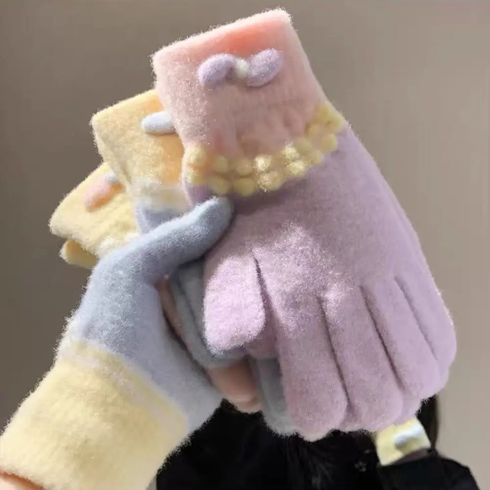Korean Style Warm Knitted Gloves Touch-screen Cold-proof Girls Winter Gloves Soft Cute Riding Protective Mittens Skiing