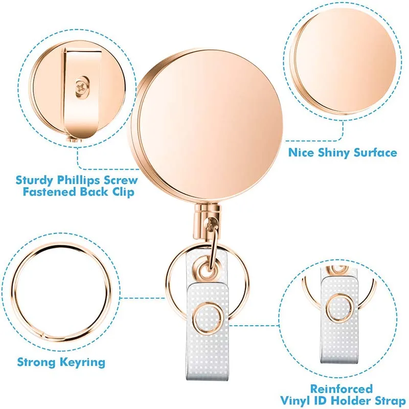 Rose Gold Belt Key Ring Metal Retractable Pull Badge Reel ID Lanyard Name Tag Card Badge Holder Reels Recoil Chain Clips