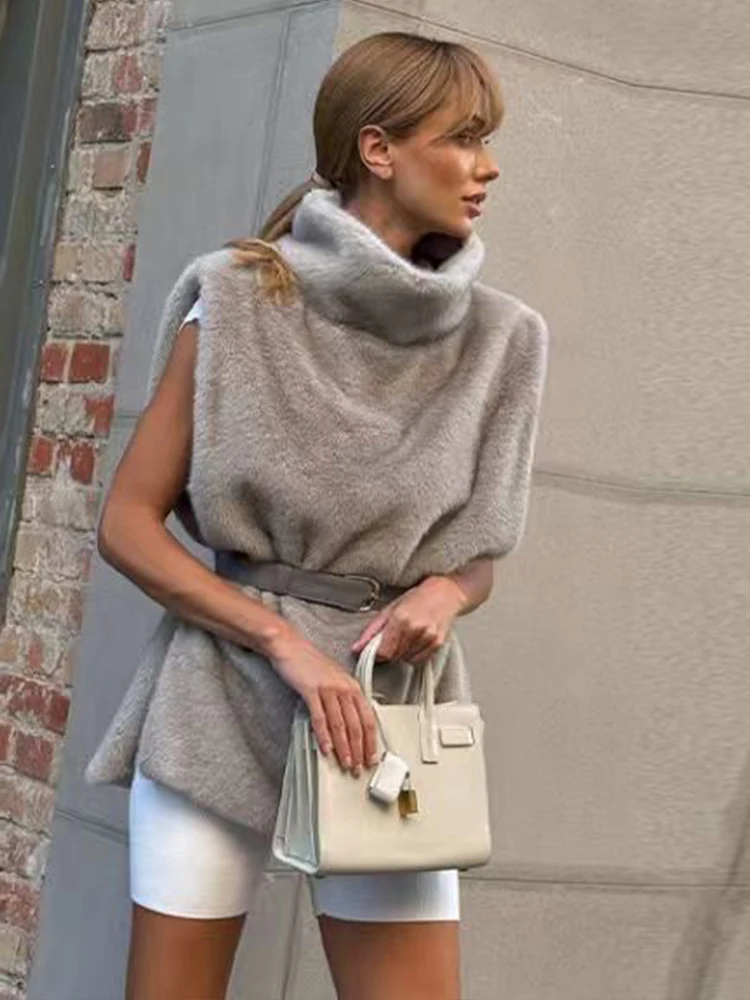 Mulheres outono inverno moda colete de pele do falso casaco feminino chique cinto sem mangas jaqueta curta quente casual colete topos ﻿