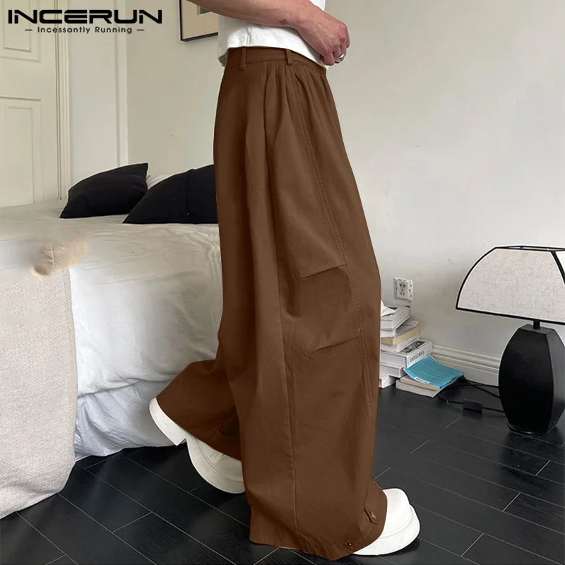 INCERUN Men Pants Solid Color Joggers Loose Button Korean Style Fashion Casual Trousers Men Streetwear 2024 Leisure Long Pants