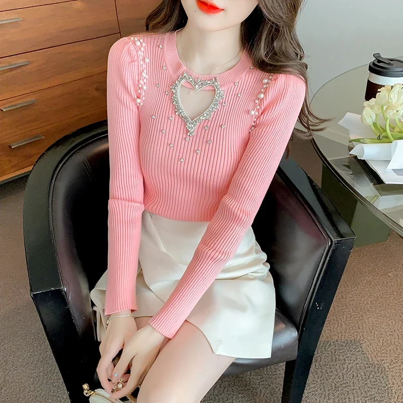 Knitted Sweaters Women Rhinestones Sweaters Sweet Hollow Out Heart Knitted Pullovers