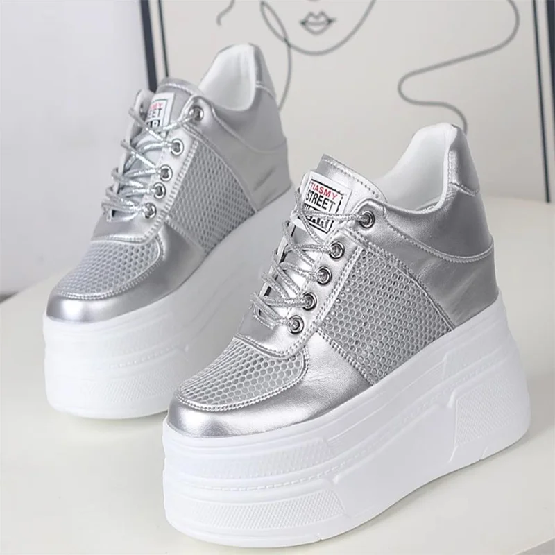 

10cm 12CM Genuine Leather Platform Sneakers Wedge Shoes for Women Breathable Sneakers Casual Shoes Hidden Heel Zapatillas Mujer