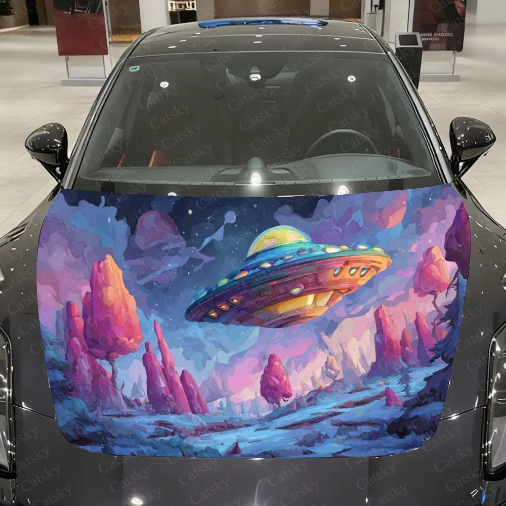 Neon Psychedelic UFO Trendy Sci-Fi Pattern PVC Car Hood Wraps, Self-Adhesive Waterproof Car Bonnet Decal Sticker, Car Decoration