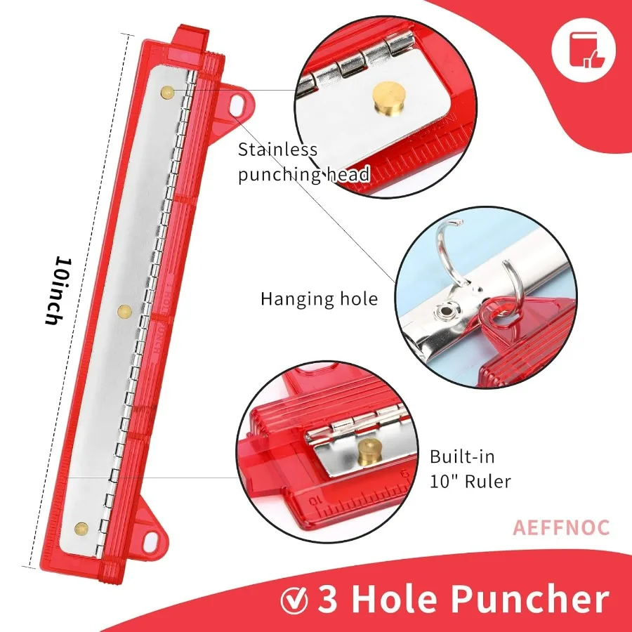 เครื่องเจาะกระดาษแบบพกพา 3 รู พร้อมไม้บรรทัด 10 นิ้ว สำหรับโรงเรียนและสำนักงาน เครื่องเจาะรู 3 วง จุกระดาษได้ 5 แผ่น ดีไซน์กะทัดรัด