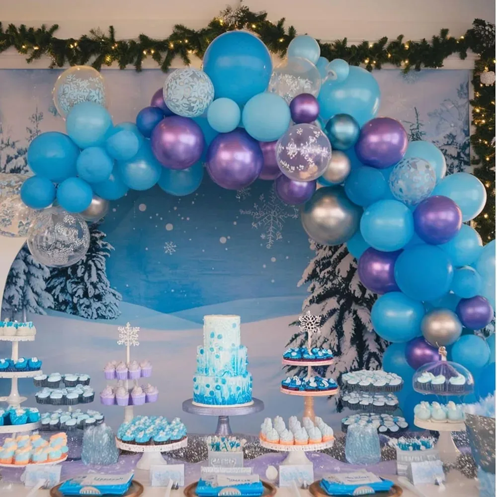 56Pcs Snowflake Latex Balloons Set, Frozen Winter Themed Blue Purple Silver Balloon Garland Kit for Birthday Party Decor