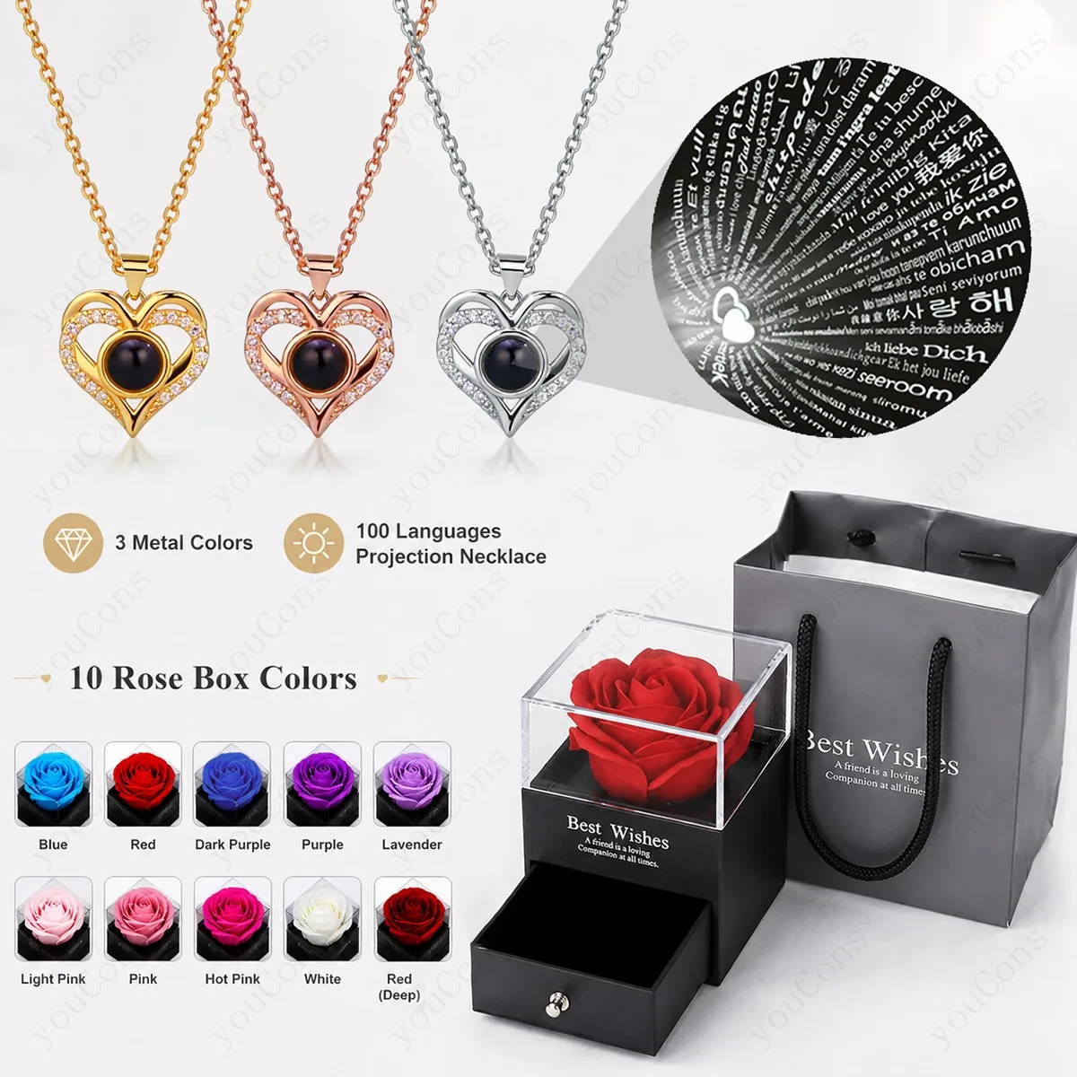 100 Languages I Love You Projection Necklace Double Heart Pendant With Multi Color Rose Gift Box Birthday Valentine's For Women