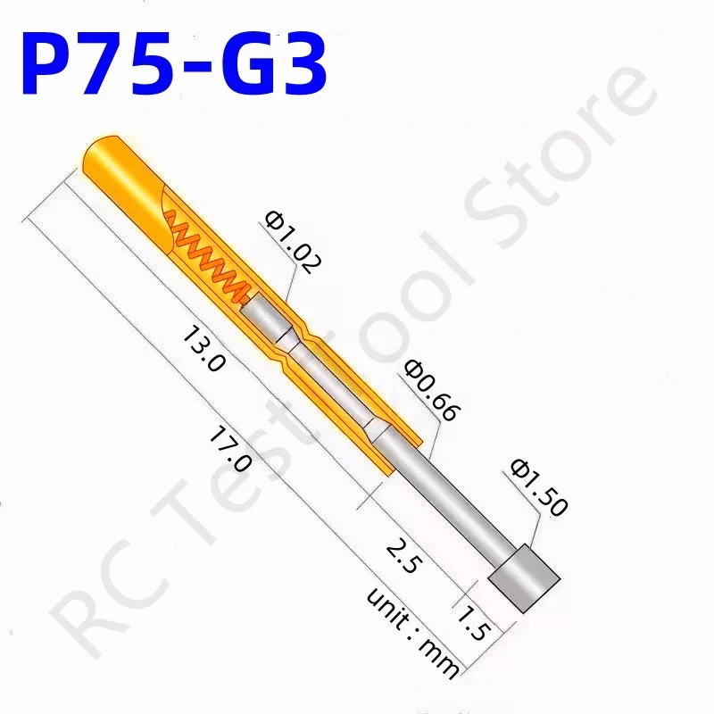 

100PCS P75-G3 Spring Test Probe Pogo Pin Spring Test Pin Length 17mm Needle Dia 1.02mm Test Probe Head Dia 1.50mm P75-G Flat Tip