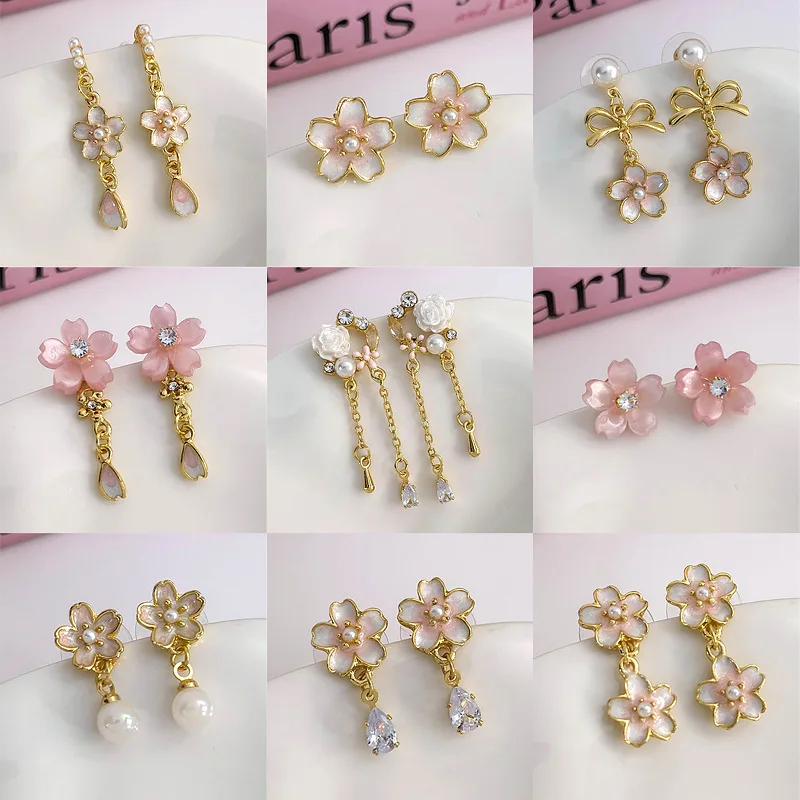 Pink Enamel Floral Stud Earrings for Women Lightweight Light Luxury Girly Minimalist Versatile Spring Summer Daily Wear