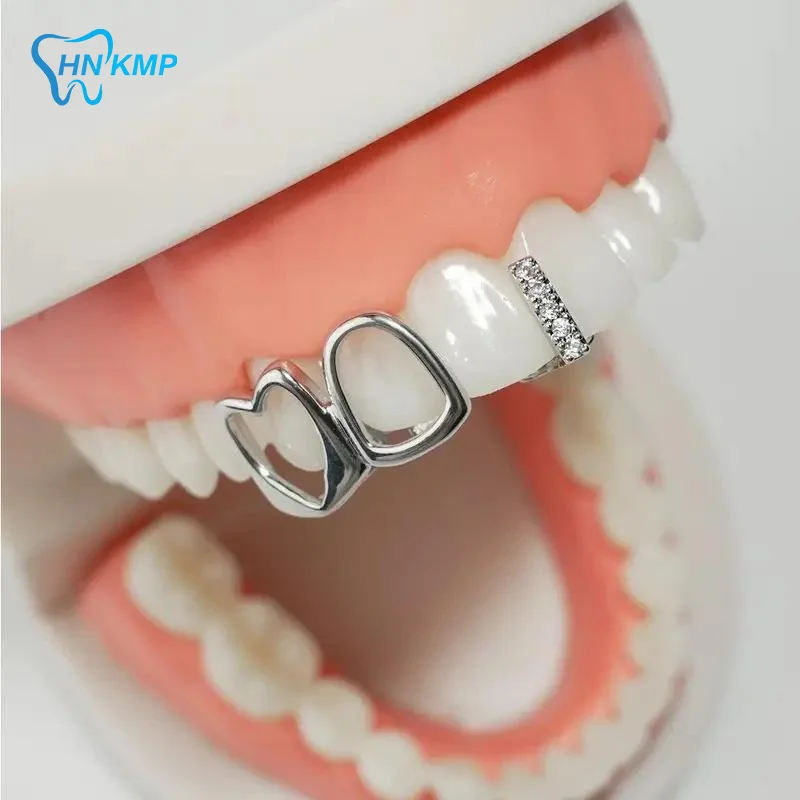 

Hip Hop Double Hollow Heart Teeth Grillz Daily Gold Plated Tooth Caps For Women Men Jewelry Dental Grills
