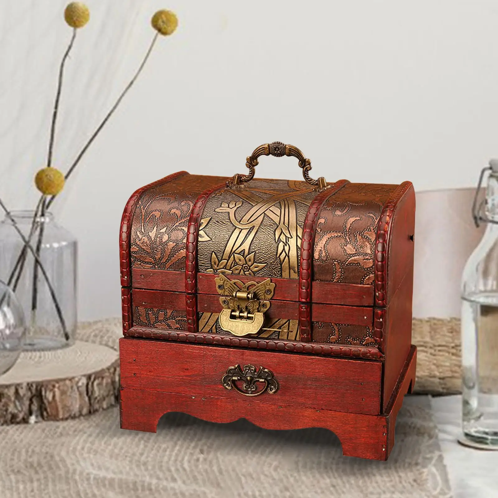 Traditional Wooden Jewelry Box with Drawer with Hinged Lid Organizing Size 20.5x16x18.5cm Dresser Ornaments Treasure Chest