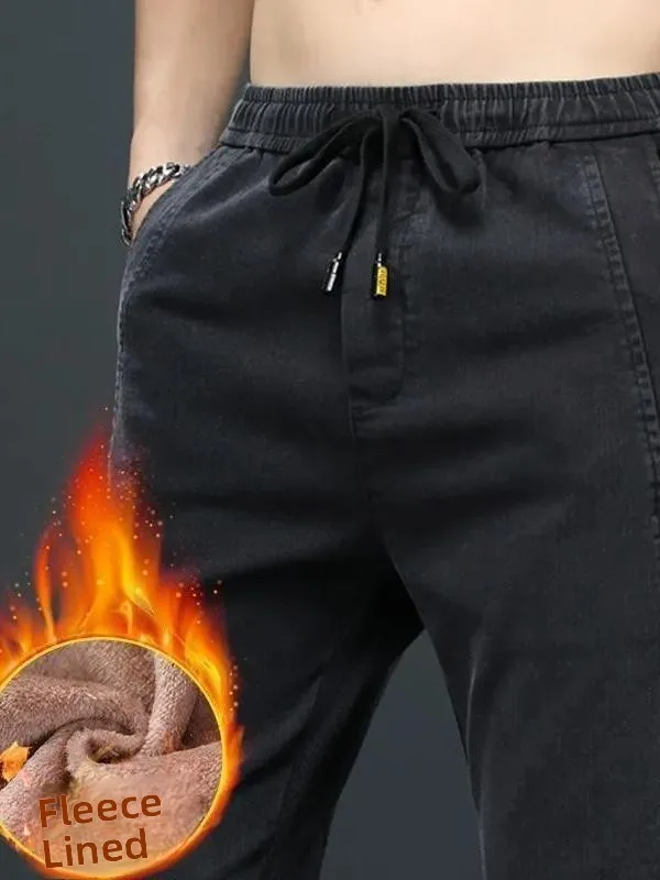 

Men's Fleece Lined Slim Fit Jeans Elastic Waist Thickened Casual Autumn Winter Straight Leg Pants Warm Cotton Stretch Denim