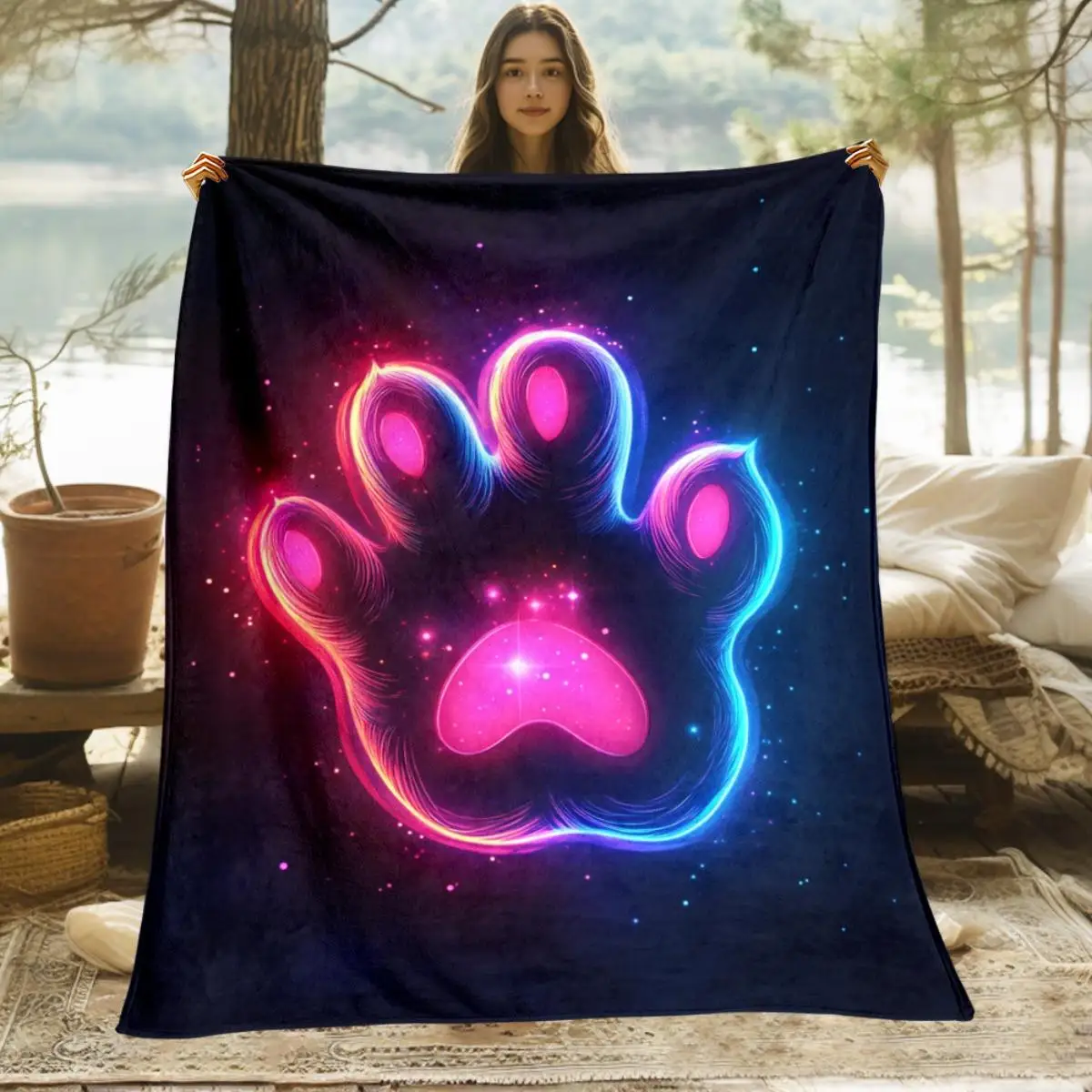1pc Neon Glow-in-the-Dark Paw Print Blanket - Soft Flannel All-Season Lightweight Throw for Camping, Hiking, Travel & Home