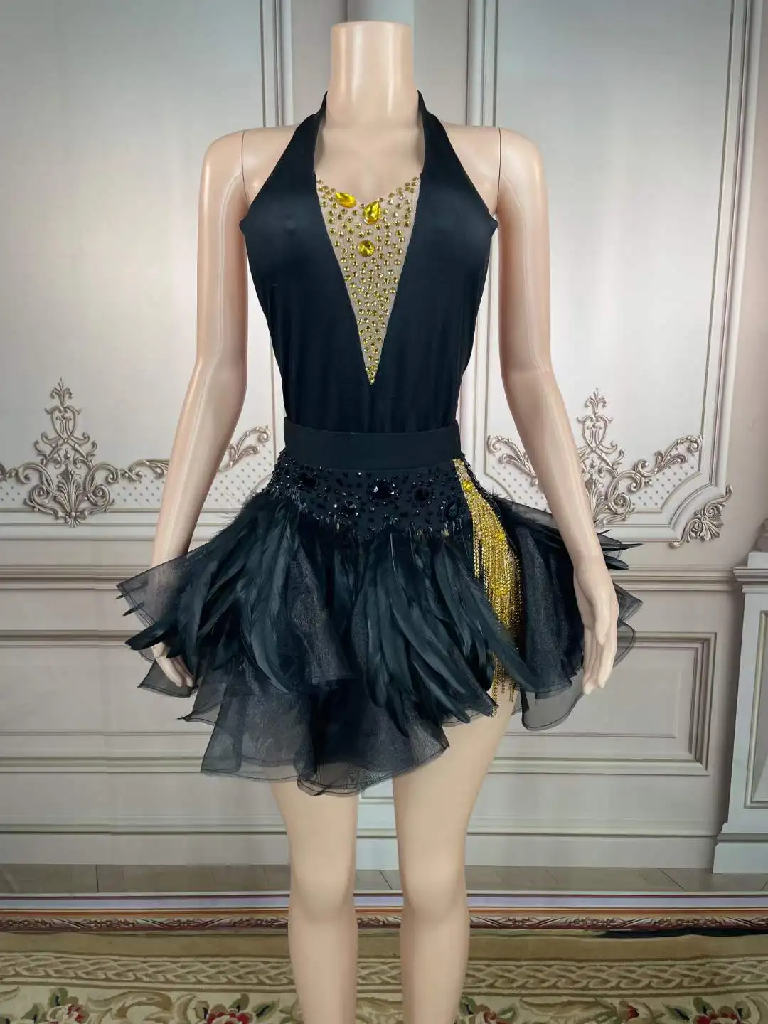 Nightclub Costumes Wear Deep V Neck Elegant Black Rhinestone Women Mini Dress Backless With Feather Birthday Party Outfit