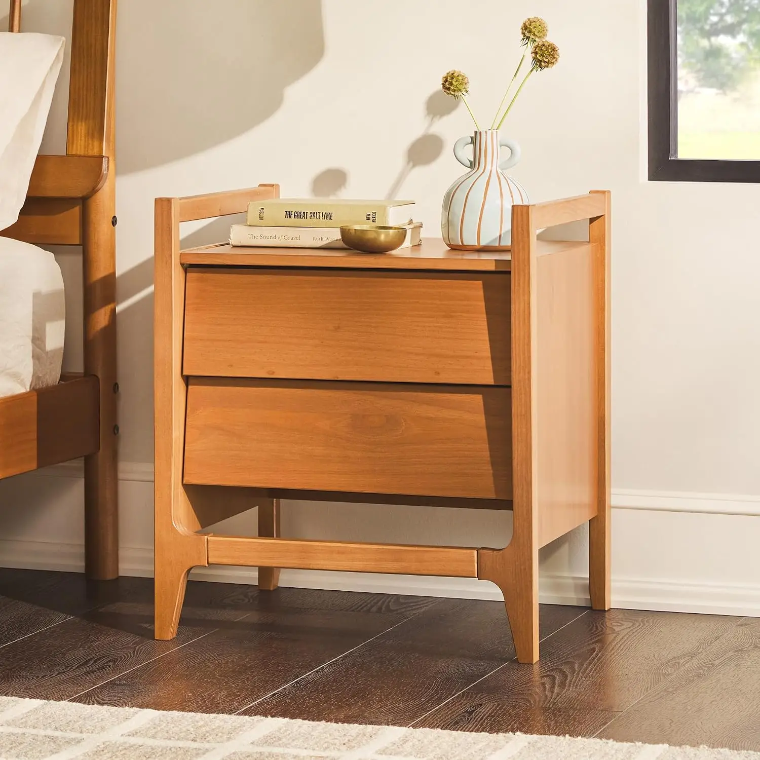 Scandi Nightstand With Angled Drawer Face, 22 Inch Bedroom Storage Side Table, Caramel, Customized