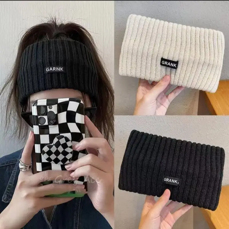 

Wide Edge Knitted Headband With Fabric Label Winter Warmth Solid Color Headwrap Girls Punk Elastic Headwear Sports Hair Bands