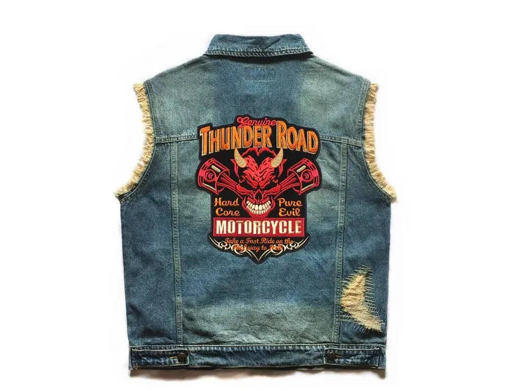 Embroidered Denim vest cowboy blue Jeans Patchwork Motorcycle Biker Jeans Sleeveless jacket punk Cowboy Fashion vest 6XL
