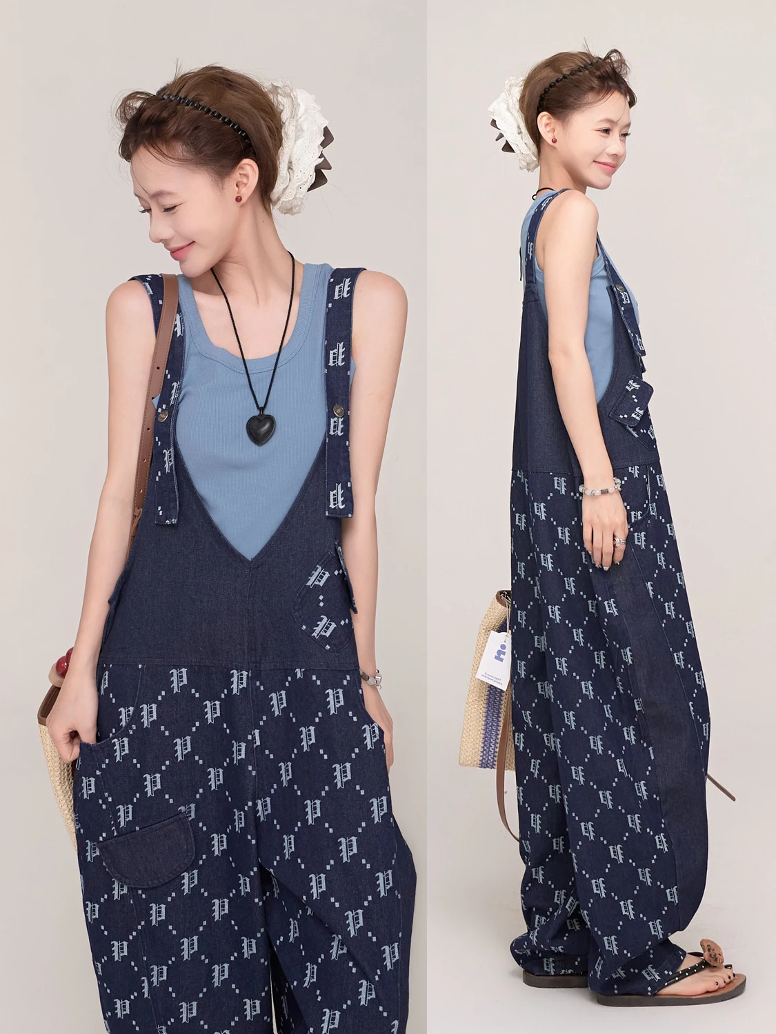 

MS Original Art Student Elegance Wide Leg Denim Overalls Women Spring Summer V-Neck Strap High Waist Cotton Jeans Pants