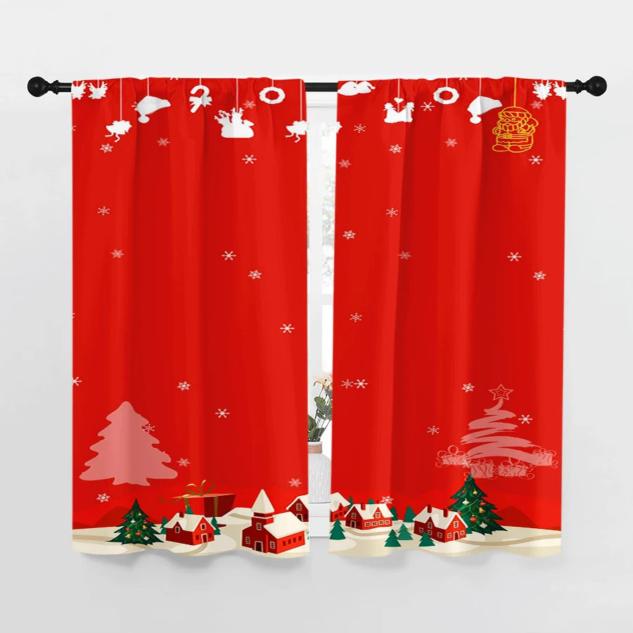 2PCS Christmas Digital Print Curtains, Red Background Small Christmas Trees Bottom, Simple for Living Room Bedroom Window Decor