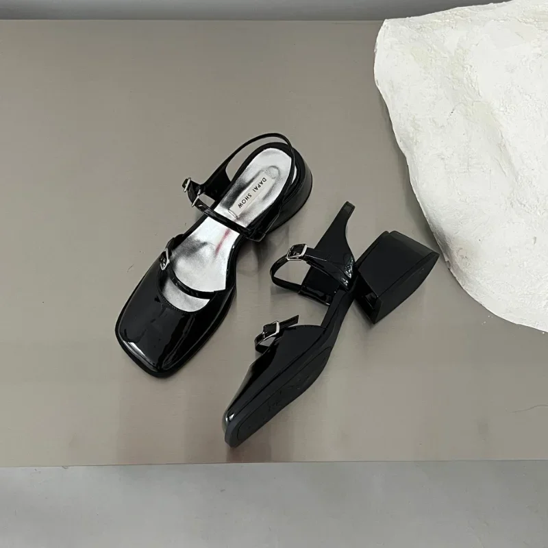 Vintage Square Toe Summer Sandals Women Thick High Heels Shoes Ladies Mary Janes Pumps Luxury Designer Female Slingbacks 35-39