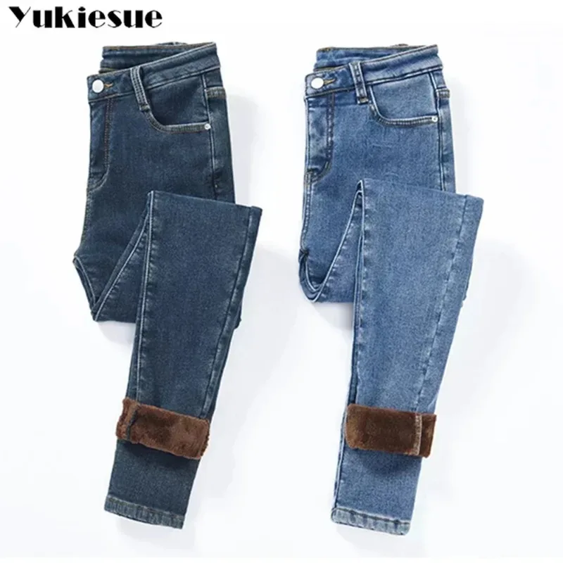 Winter Dikke Fleece Hoge taille Warme Skinny Jeans vrouwen Dikke Vrouwen Stretch Knop Potlood Broek Moeder Casual Fluwelen vrouwen Jeans