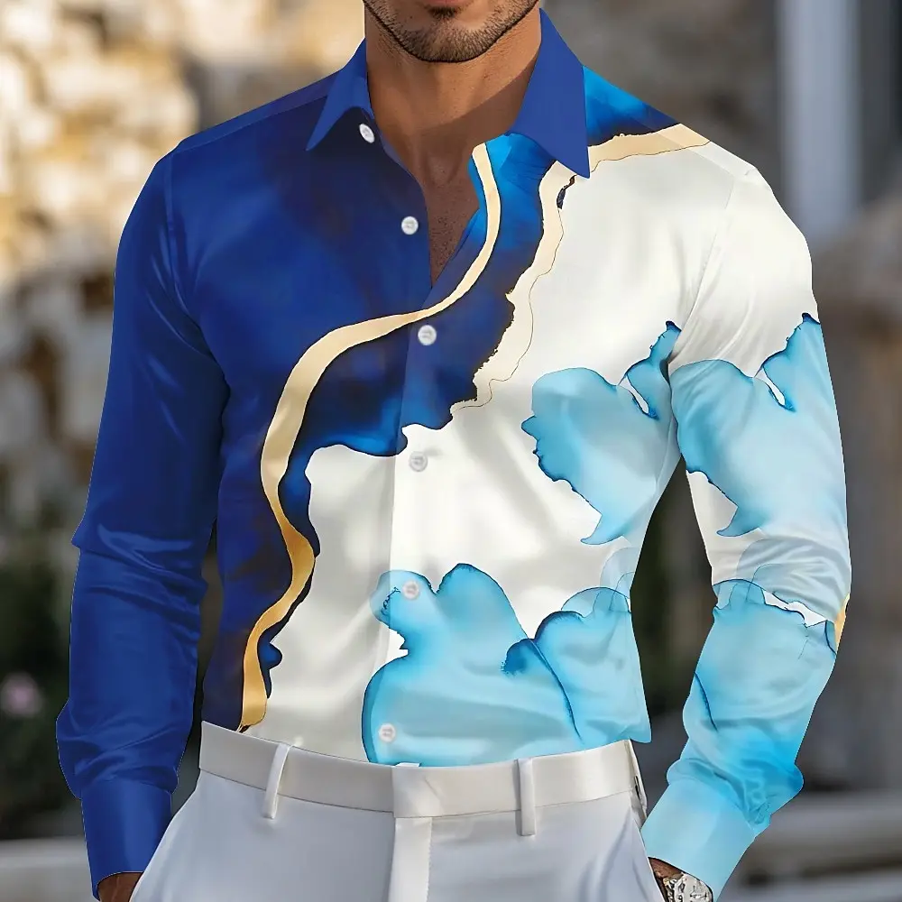 

Men's Gradient Waves Marble Shirt Satin Shirt Dress Shirt Long Sleeve Fashion Casual Turndown 3D Print Button Up Shirts