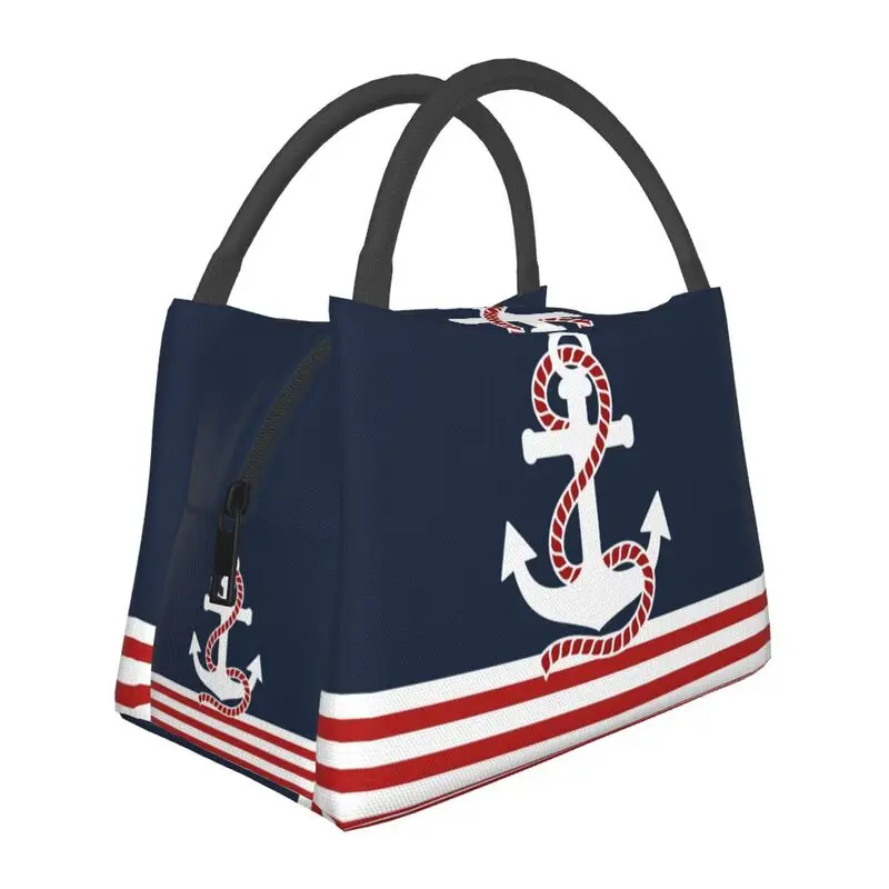 Nautical Red White Stripes Red Anchor Portable Lunch Box Multifunction Navy Navigation Thermal Cooler Food Insulated Lunch Bag