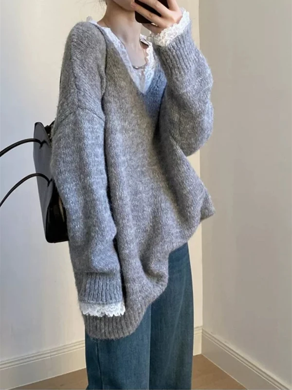 ضوء الدانتيل تقليم لصق متوسطة محبوك سترة المرأة فضفاضة الشعور V-Ne طويلة Sve العادية طول أعلى ربيع الخريف الشتاء #4