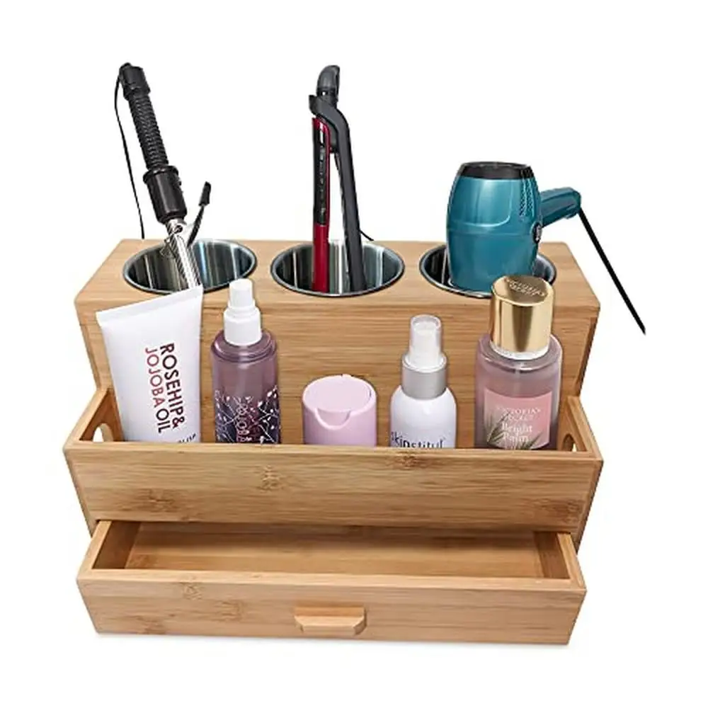 

Bamboo Hair Tool Organizer Styling Holder Vanity Caddy Storage Stand Cosmetics Makeup Safe Hot Tool Holders Steel Inserts