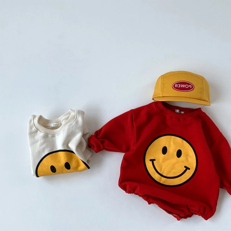 2023 Cute Infant Baby Boy Girl Romper Cartoon Smile Print Round Neck Long Sleeve Playsuit Autumn Cotton Infant Girl Clothing