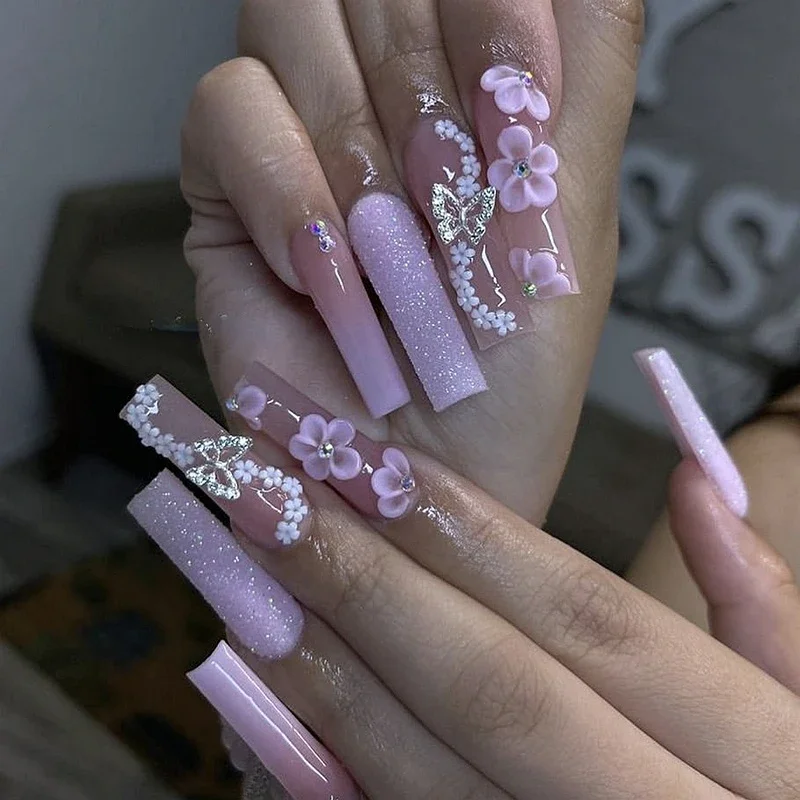 Customize Handmade 3XL Long Glittery Rhinestone Press On Nails Y2K False Nail Tips Reusable Artificial Fake Nail With Glue Gift