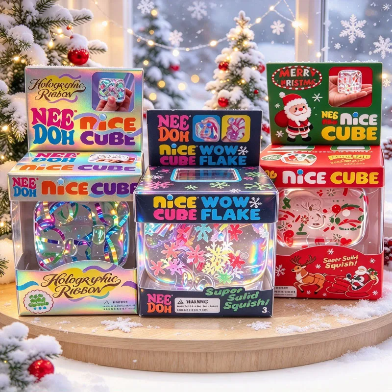 Christmas Clear Squishy Cube NeeDoh Nice Wow Cube Flake Colorful Snowflake Inside Squeeze Toy Xmas Decor & Gift