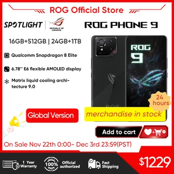 هاتف 2024 World Premiere Asus ROG Phone 9 5G الذكي Qualcomm Snapdragon 8 Elite 6.78 بوصة 185 هرتز شاشة رياضية إلكترونية 65 وات شحن ROG 9Pro