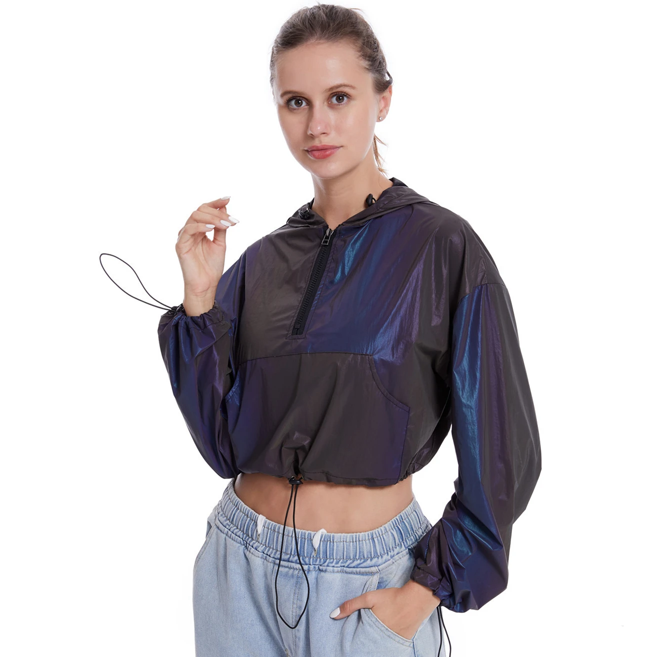 Colorful Reflective Short Jackets Women Jogging Riding Night Light Road Safety Crop Top Pullover Harajuku Hoodies Sweatshirt