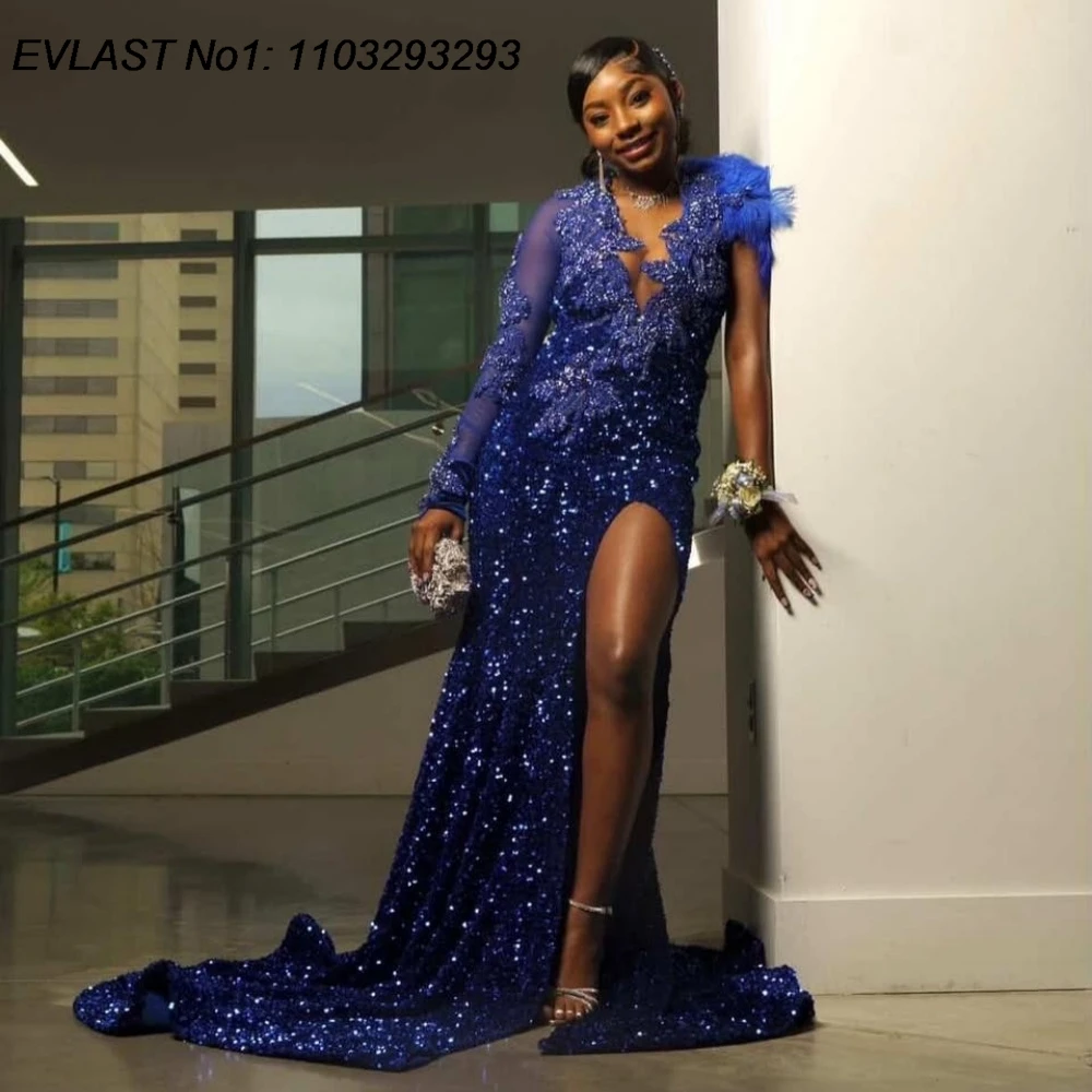

EVLAST Customized Royal Blue Mermmaid Prom Dress 2026 Sequins Crystals Beaded Slit Evening Dress Black Girls Party Gown FP111