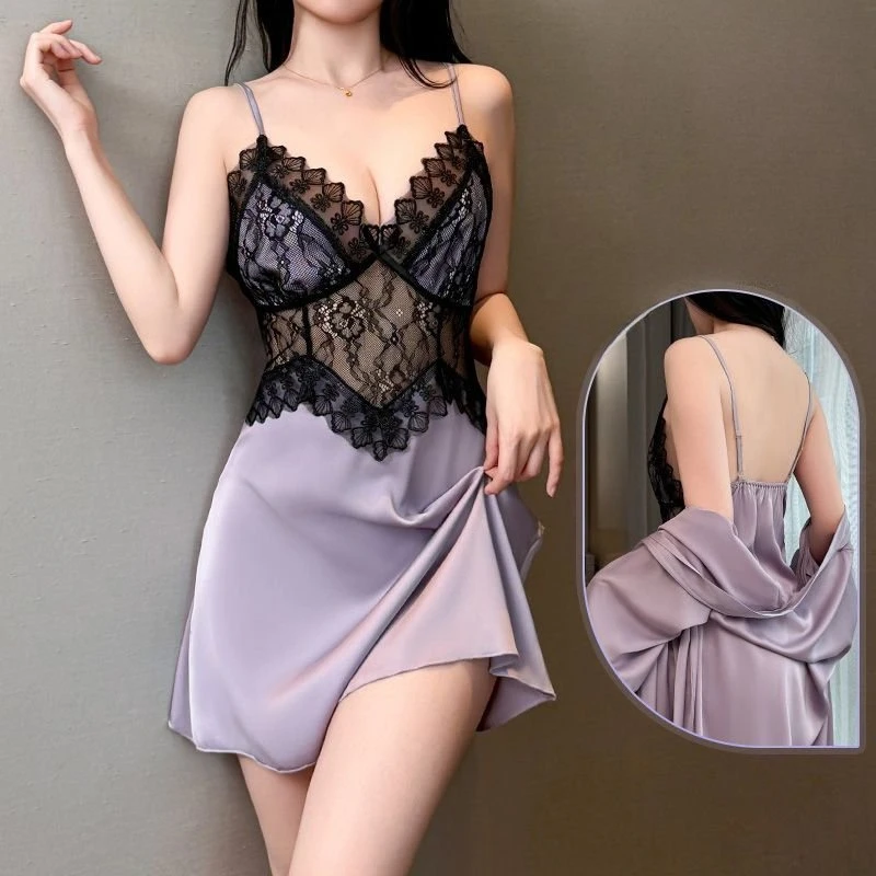 

Beautiful Yarn Lace Seductive Sexy Nightdress with Chest Pad Flower Vine Skin-penetrating Waist Lace Hollow Suspender Nightdress