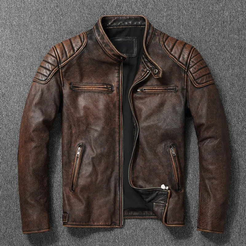 

Yellow Vintage Brown Real Cowhide Genuine Leather Jacket Men Motorcycle Coat Mens Biker Clothes Spring Autumn Asian Size 6XL