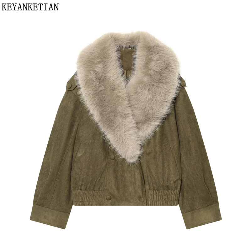 

KEYANKETIAN 2025 Winter New Women's Artificial fur decorated suede velvet coat Fashion Luxury Double Breasted Loose Jacket Top