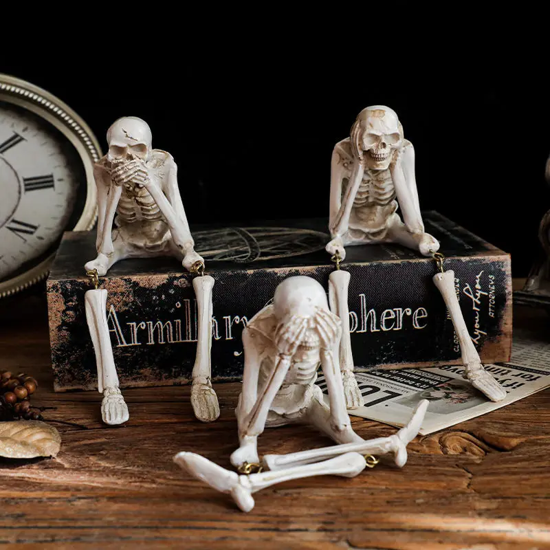 Halloween Hanging Skeletons Don't Listen, Don't Look, Don't Speak Resin Home Courtyard Atmosphere Decorations Ornaments