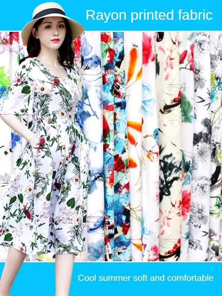 Thin Rayon Fabric Printed By The Meter for Dresses Skirts T-shirt Pants Diy Sewing Needlework Summer Cloth Soft Smooth Flower