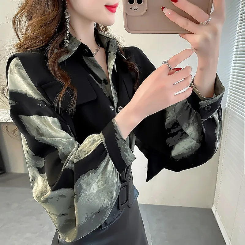 Early Spring Fashion Simple Style Shirt Waistcoat Unique and Beautiful 2 Pieces suit Slimming Lantern Sleeve Top Women