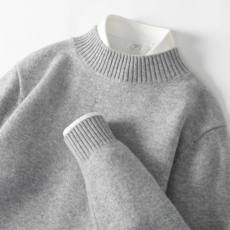 WOTEEWS  100% pure wool men's semi high neck sweater loose knit business casual men's long sleeved pullover sweater new product