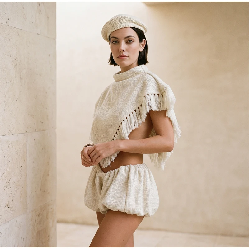 Women Solid Shorts Set Sleeveless Fringe Trim Triangle Wrap Crop Top Elastic Waist Bubble Mini Shorts Lady Vacation Beach Outfit