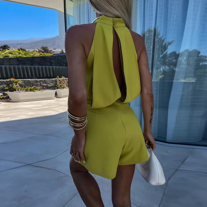 Elegant Solid Color Half Turtleneck Short Jumpsuit Women Sleeveless High Waist Hollow Romper Sexy Backless Temperament Playsuits