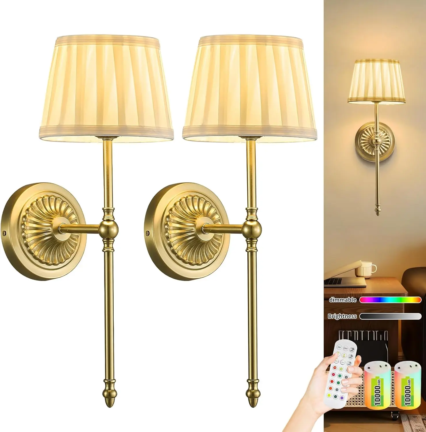 Wireless wall lamps (2 Pack), with a dual-lamp design, featuring remote control, timer function and dimming function, suitable for bedrooms, living rooms and corridors (Gold).