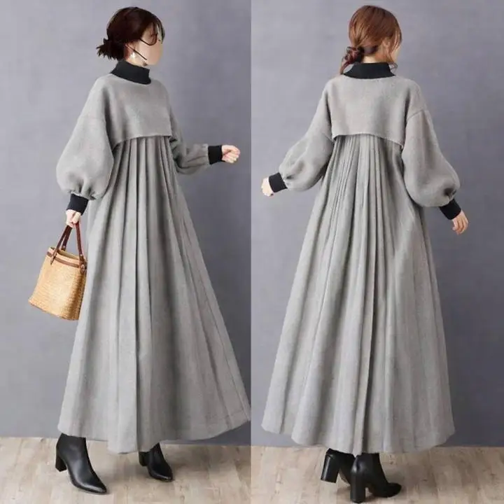 Women's Solid color Mock Two Piece Lantern Sleeve Loose Long Dress Casual Commuter Elegant Trendy Fashion Daily Wear Long Dress