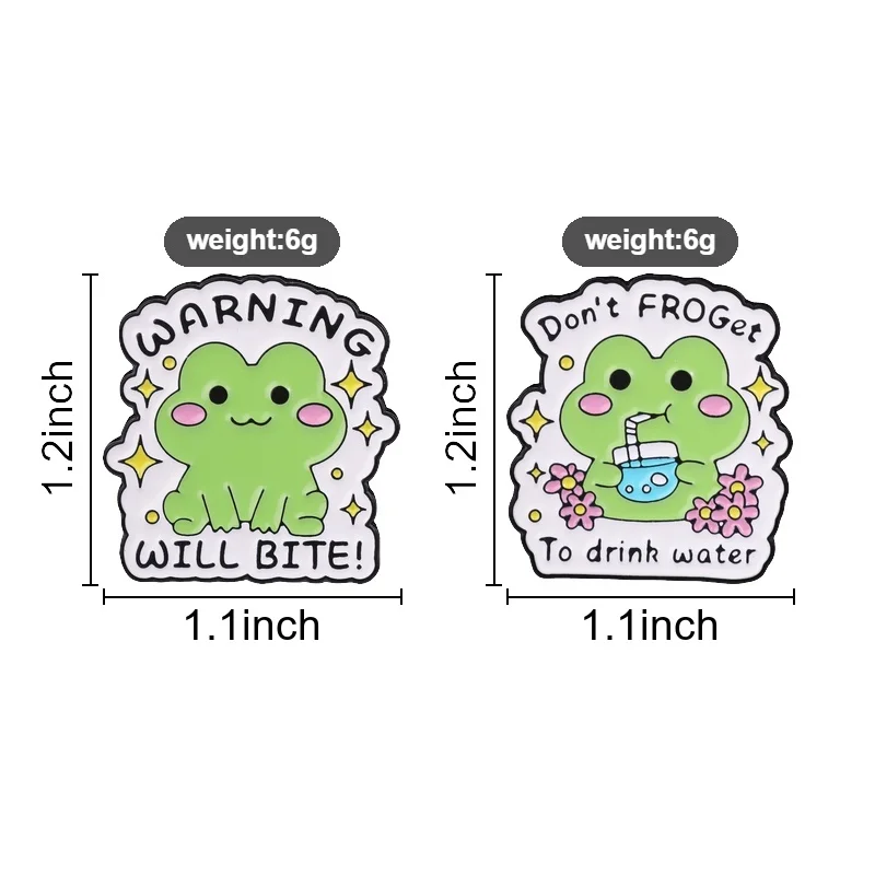 Cute Meme Frog Badges Kawaii Amphibian Slogan WARNING WILL BITE Enamel Pin Don't Froget To Drink Water Brooch Accessories