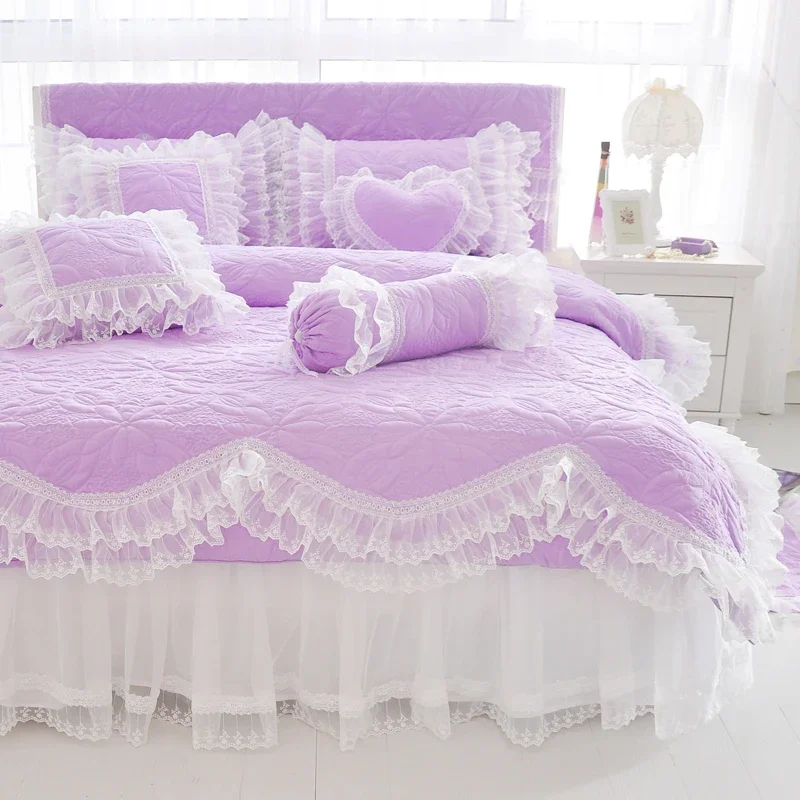 Quilted Cotton Thick Duvet Cover Lace Light Purple Blue Pink Princess Bedding set Bedskirt set Pillow shams Twin Queen King siz