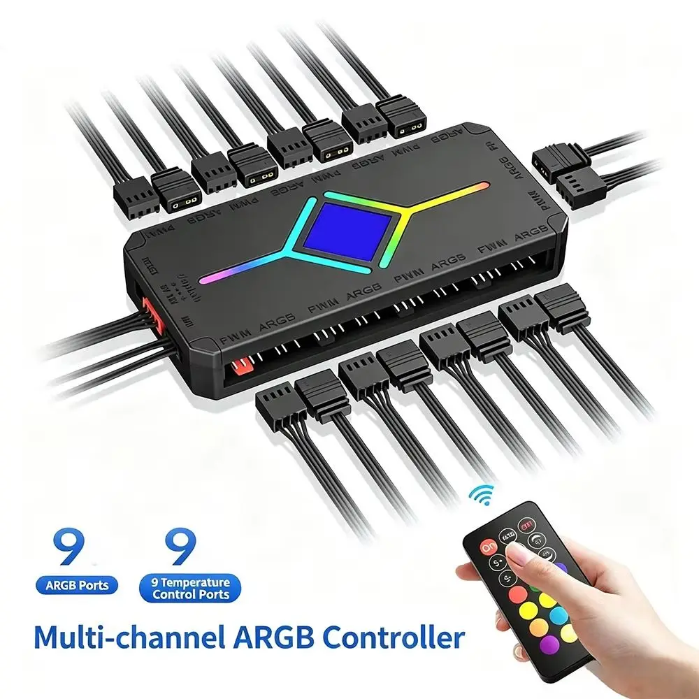 Portable 5V 3 Pin ARGB Fan Hub RGB Sync Multi-Interface PWM Fan Splitter Remote Control Fan Hub Controller PC Build