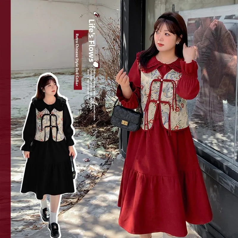 

A505 Xuanchen Spring Vintage Improved Version Doll Collar Dress Jacket Set Two Piece Set Women's plus Size MM Style Fashion