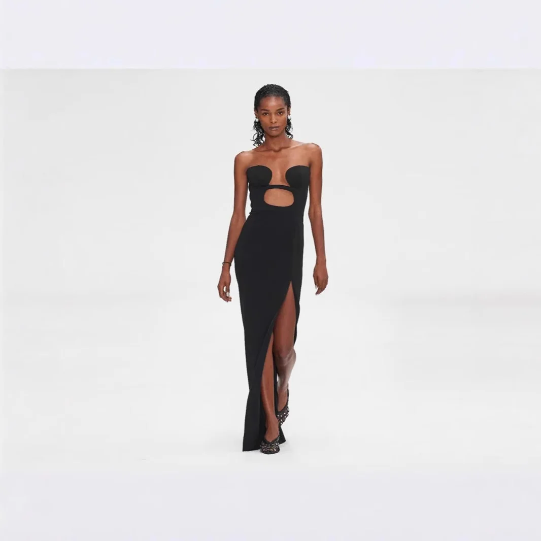2025 New Summer Black Strapless Long Split Bandage Dress Sexy Elegant Women's Night Club Celebrity Evening Party Bodycon Dreess